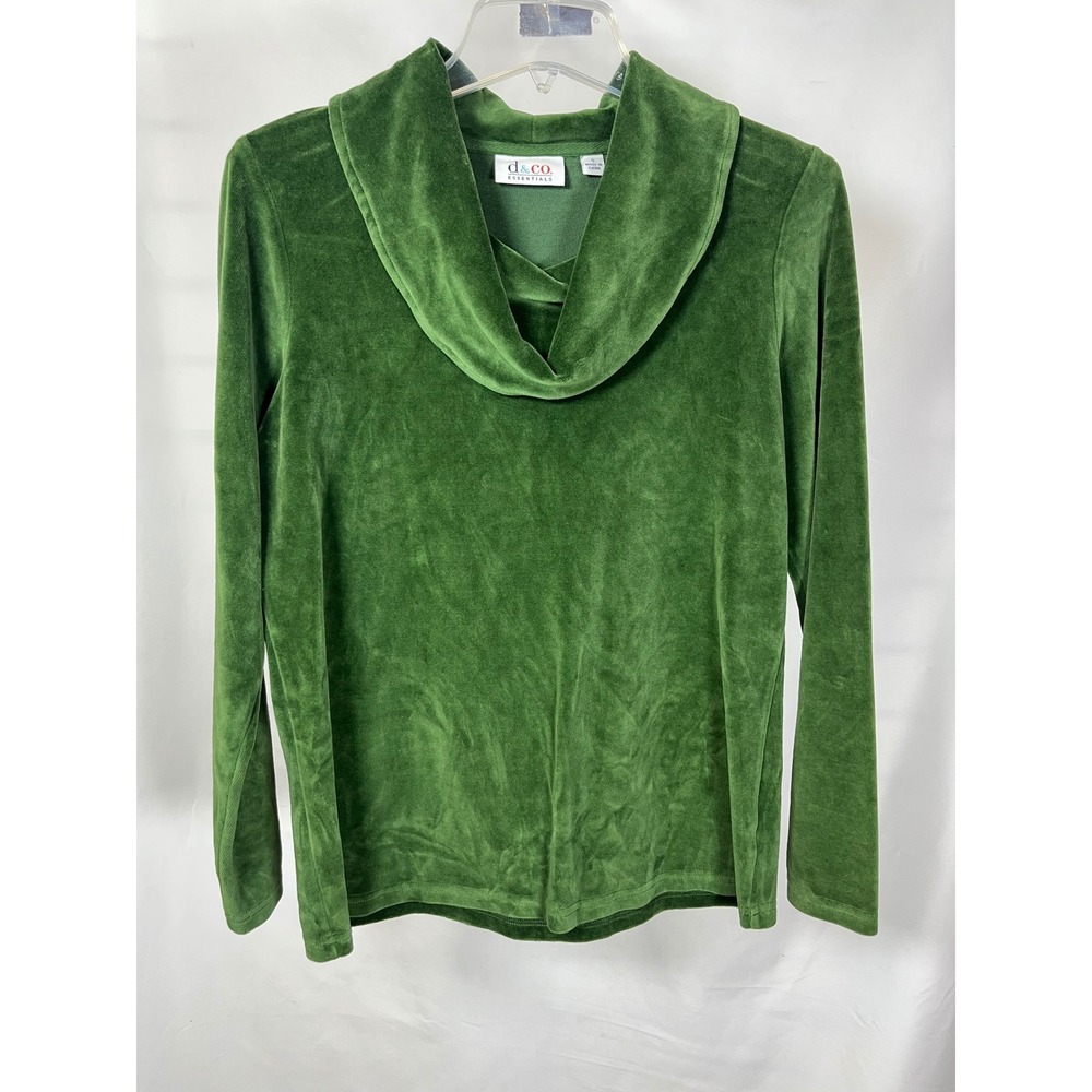 D&Co Essentials Green Velour Cowl Neck Long‎ Sleeve Top Small Pullover Velvet